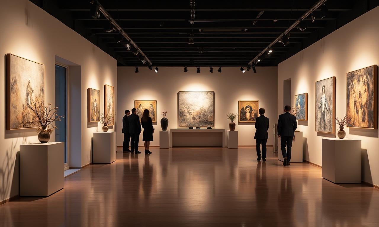 Elegant art exhibit launch with sophisticated lighting and displays