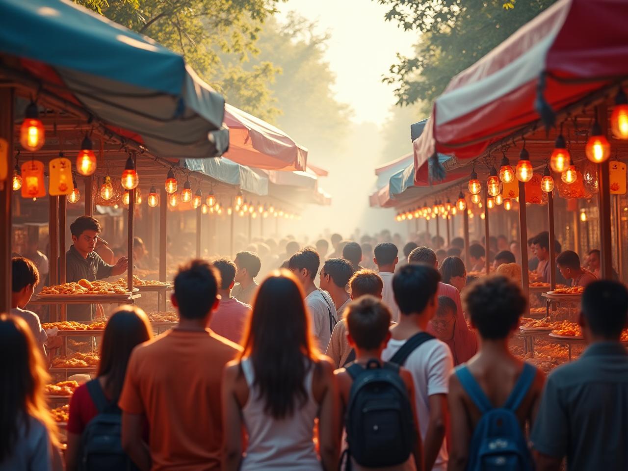 Vibrant culinary festival with food stalls and engaged crowd