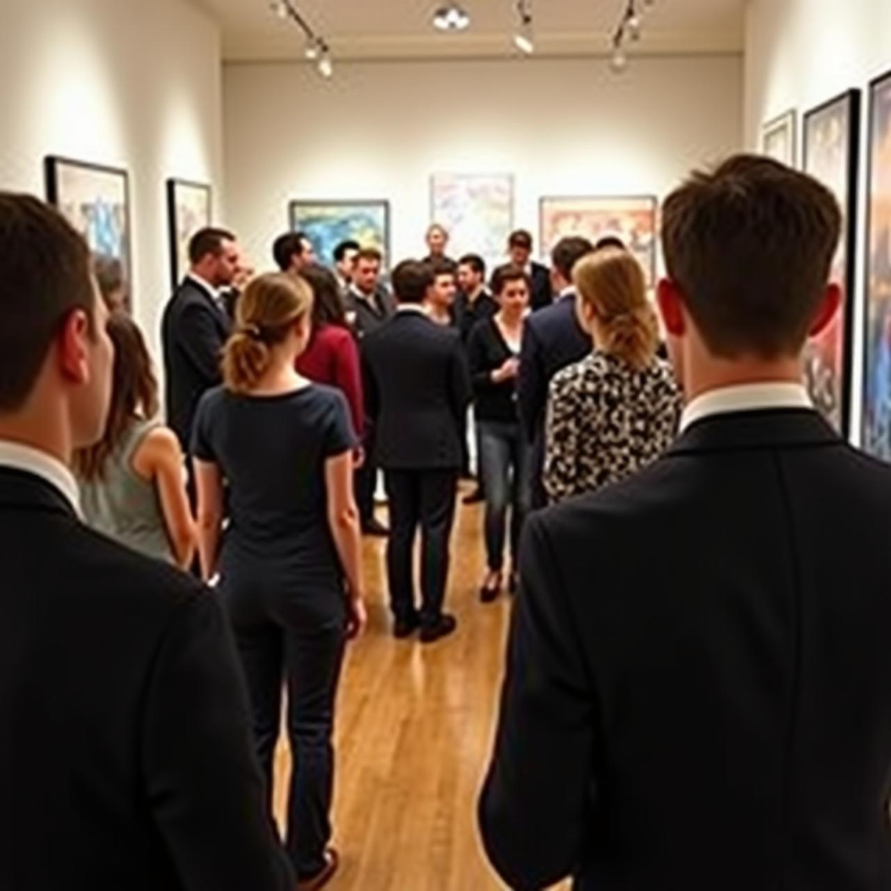 Art gallery opening event with sophisticated crowd and professional setup